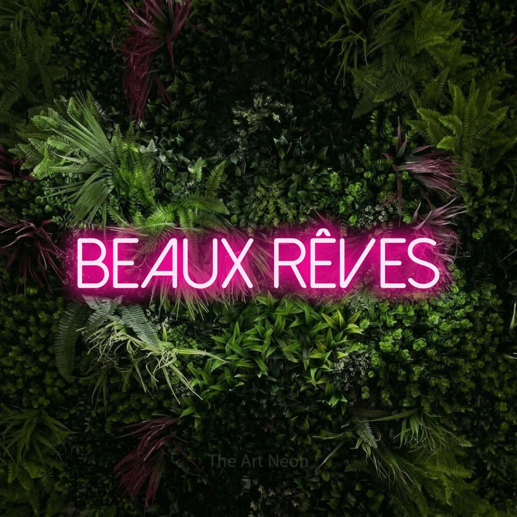 LED neon sign reading “beaux rêves”, arranged in a single line.