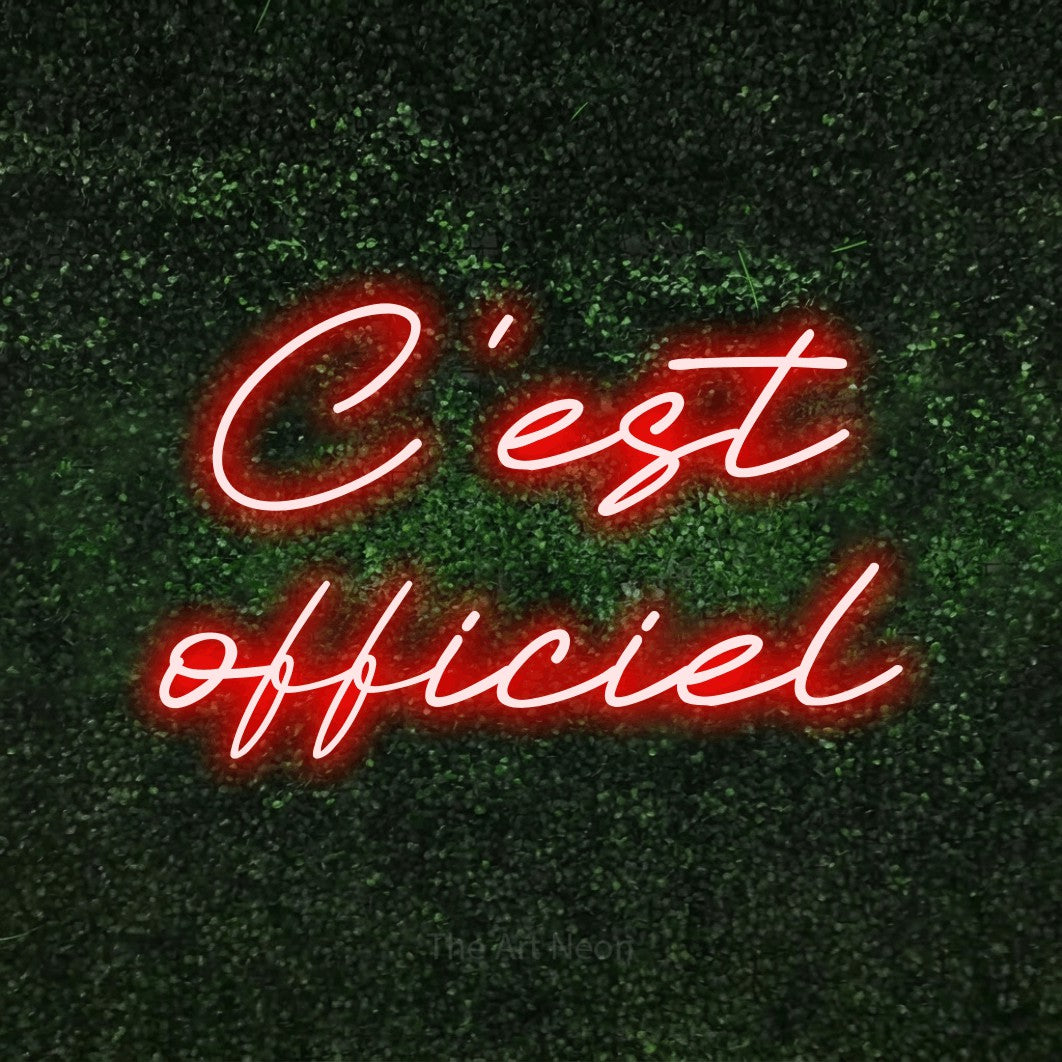 LED neon sign reading “C'est officiel”, arranged in 2 lines.
