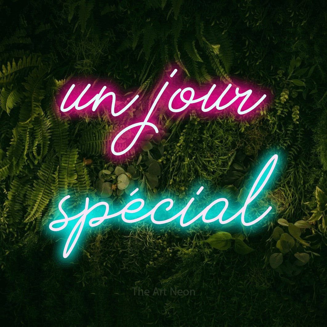 LED neon sign reading “un jour spécial”, arranged in 2 lines.