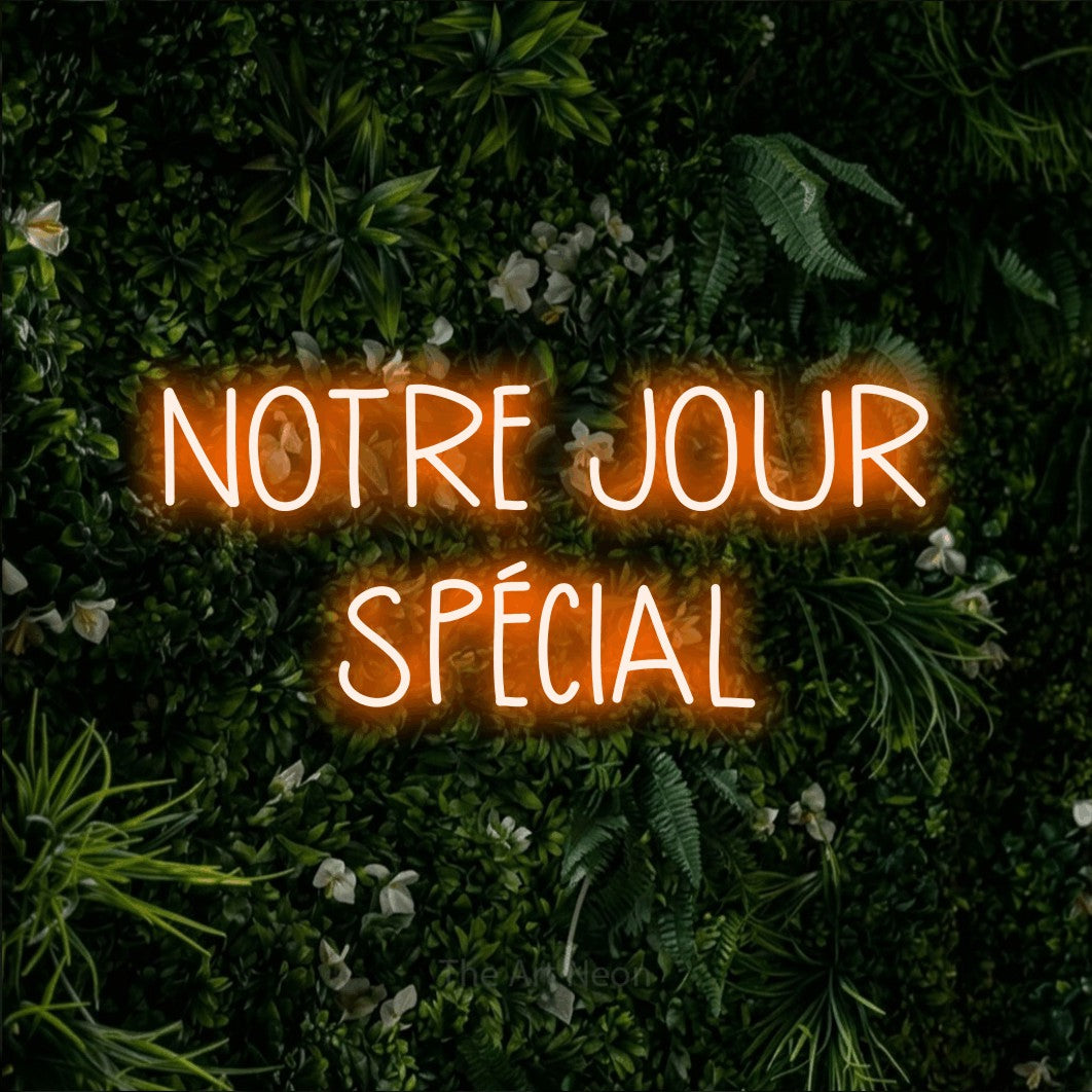 LED neon sign reading “NOTRE JOUR SPÉCIAL”, arranged in 2 lines.