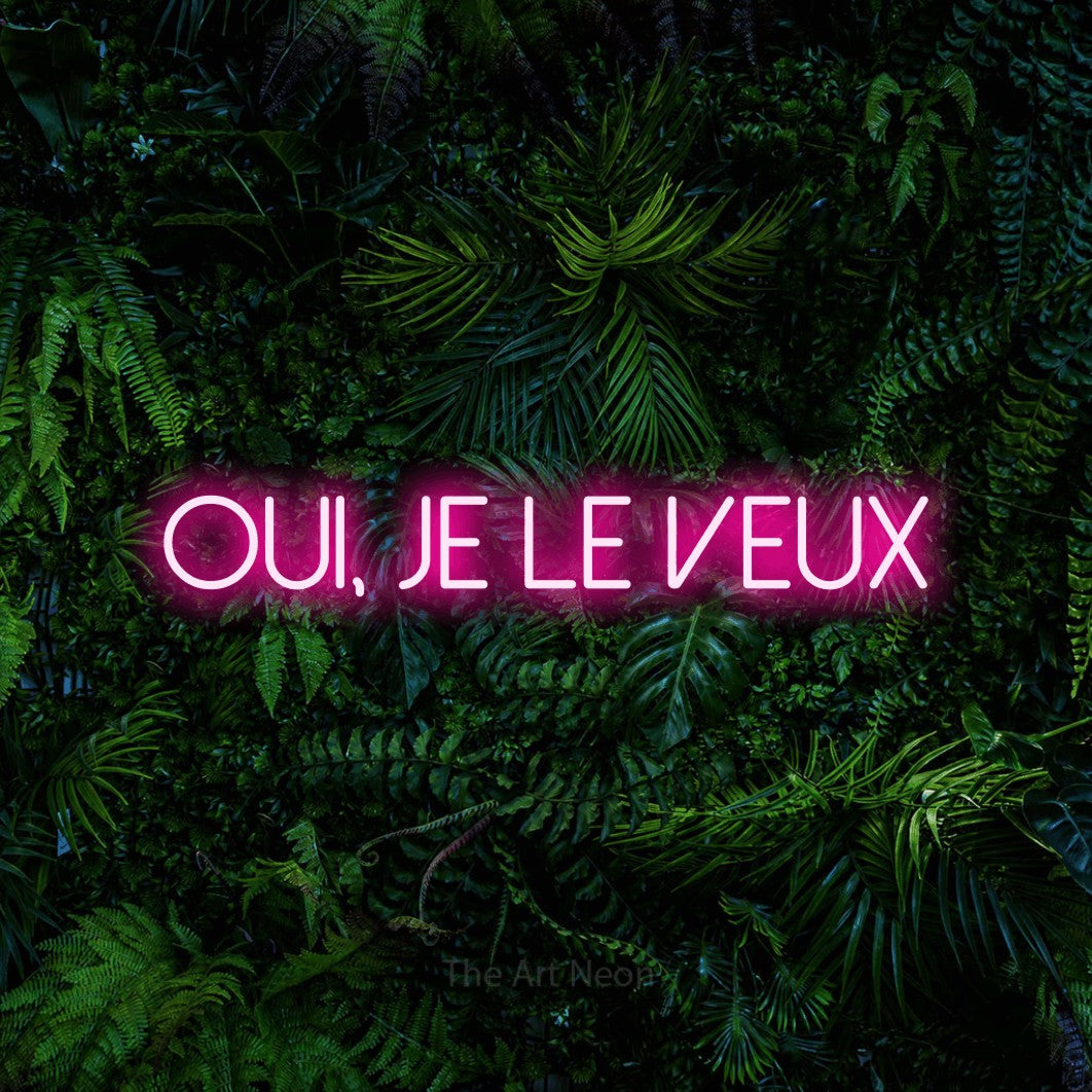 LED neon sign reading “Oui, Je Le Veux”, arranged in a single line.
