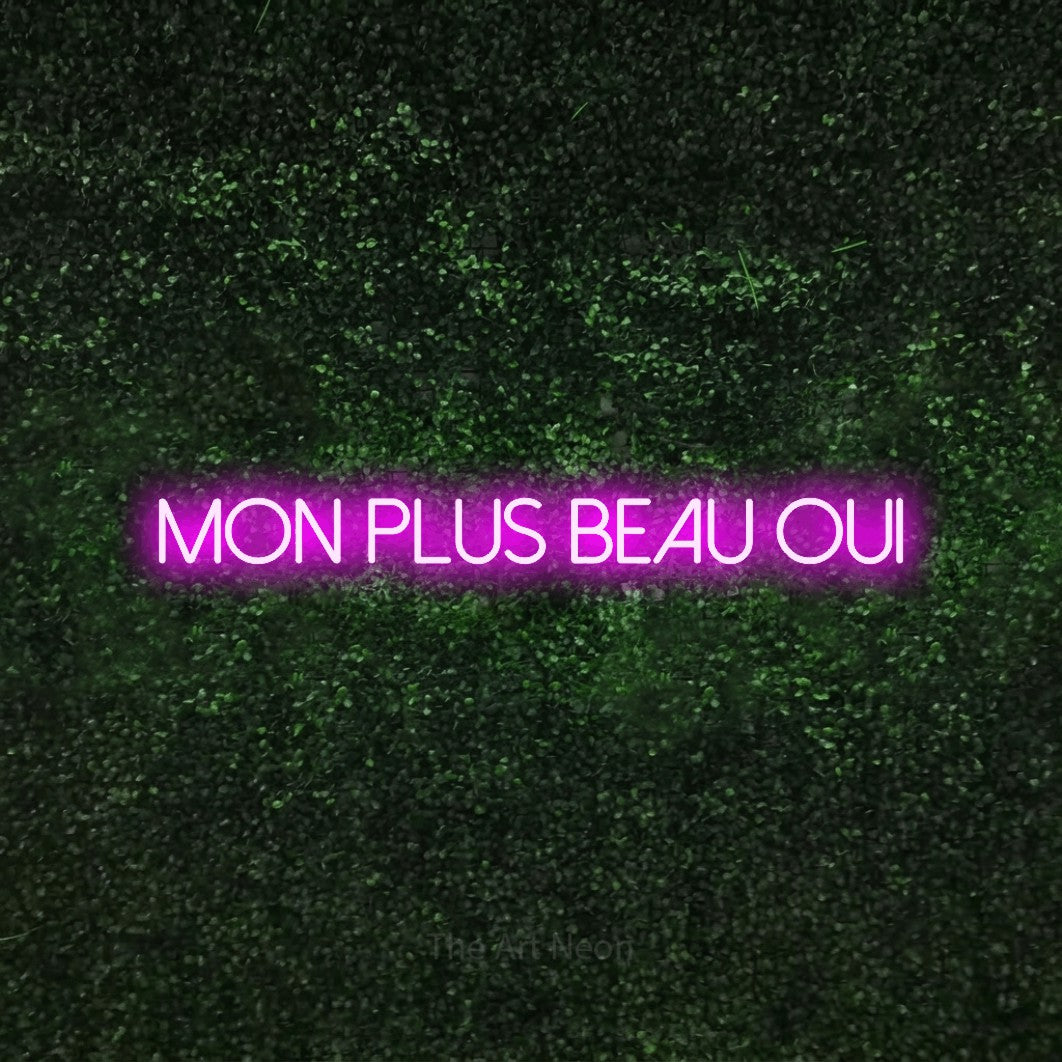 LED neon sign reading “mon plus beau oui”, arranged in a single line.