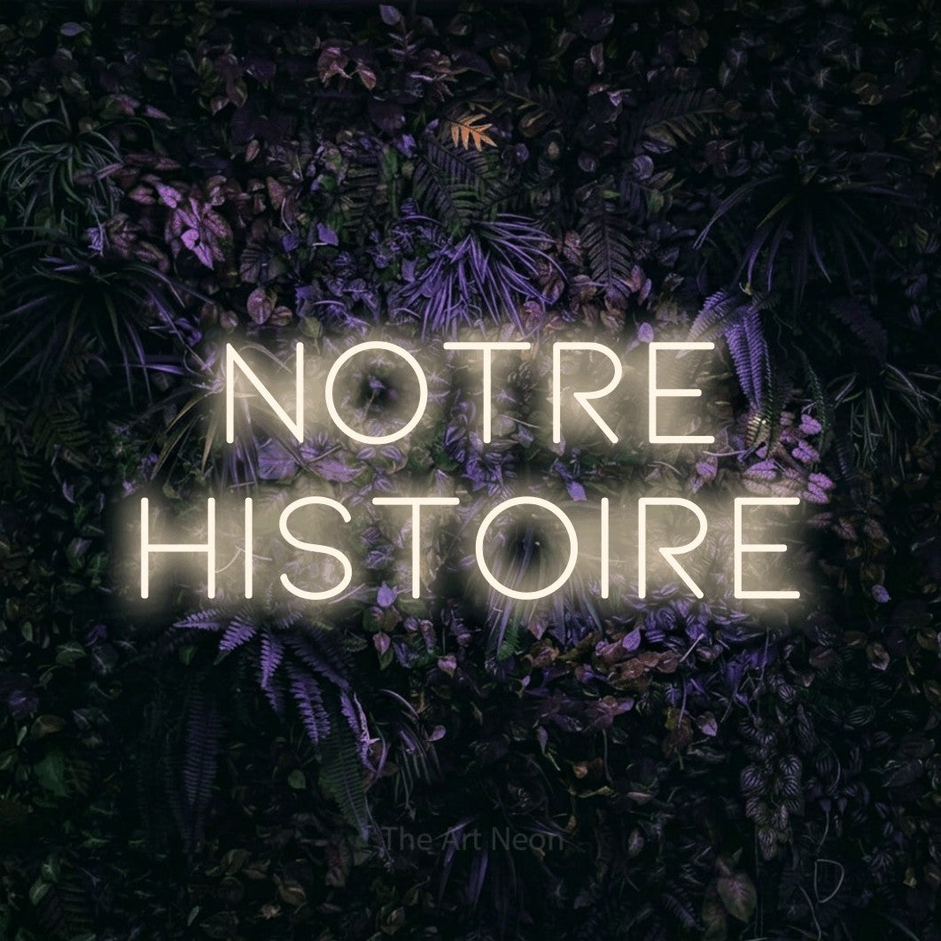 LED neon sign reading “notre HISTOIRE”, arranged in 2 lines.