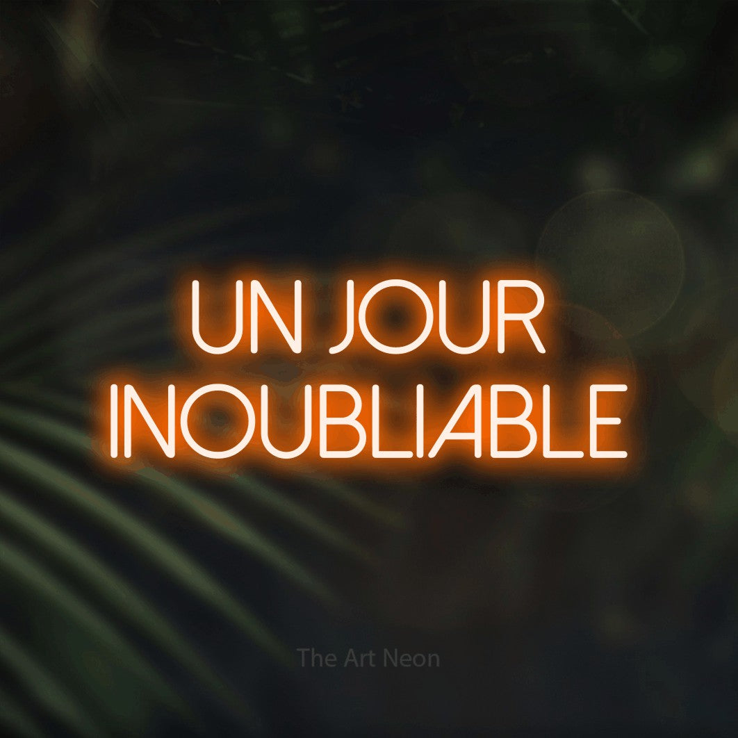 LED neon sign reading “un jour inoubliable”, arranged in 2 lines.