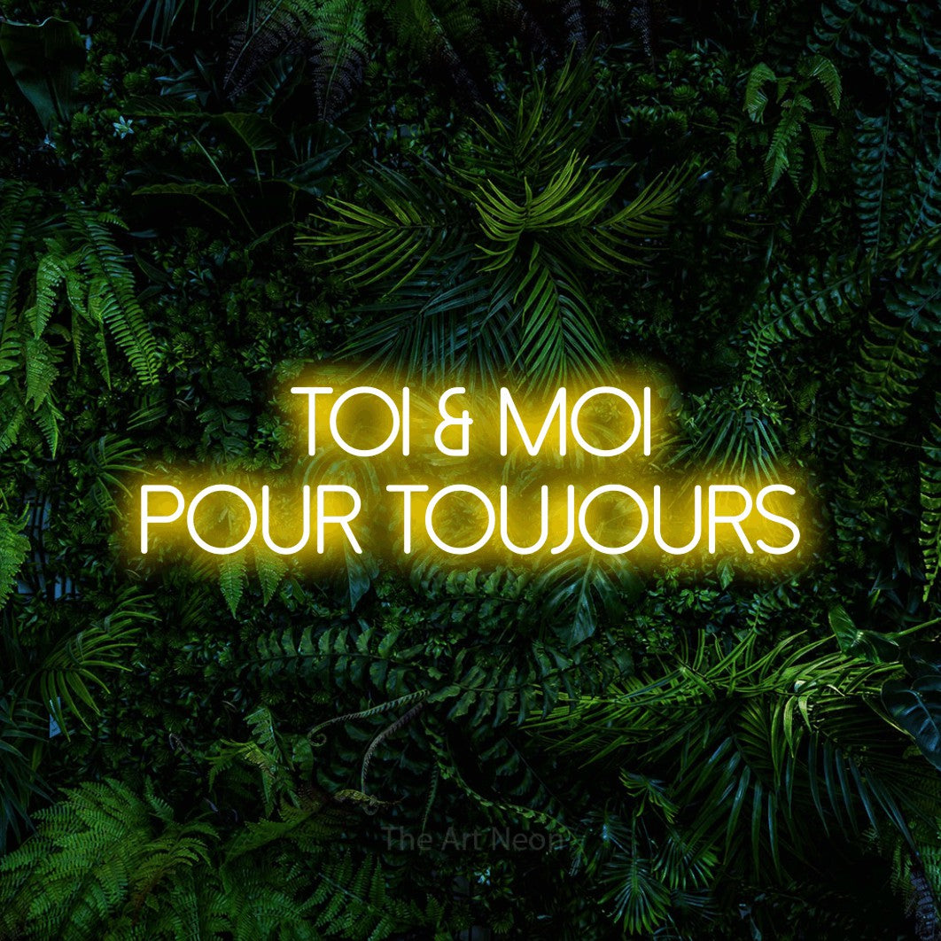 LED neon sign reading “TOI & MOI POUR TOUJOURS”, arranged in 2 lines.