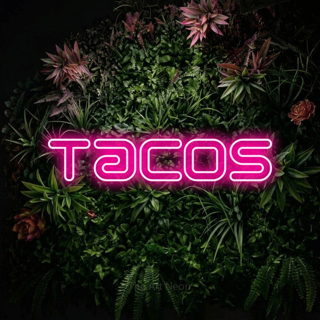LED neon sign reading “Tacos”, arranged in a single line.