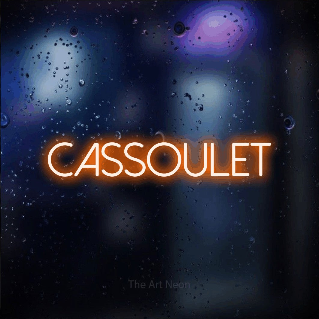 LED neon sign reading “Cassoulet”, arranged in a single line.