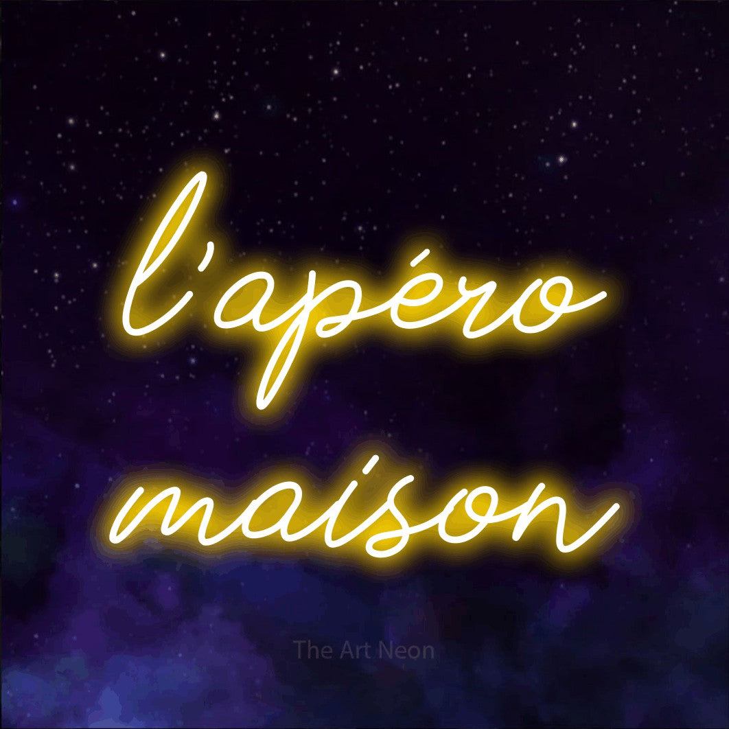 LED neon sign reading “l'apéro maison”, arranged in 2 lines.