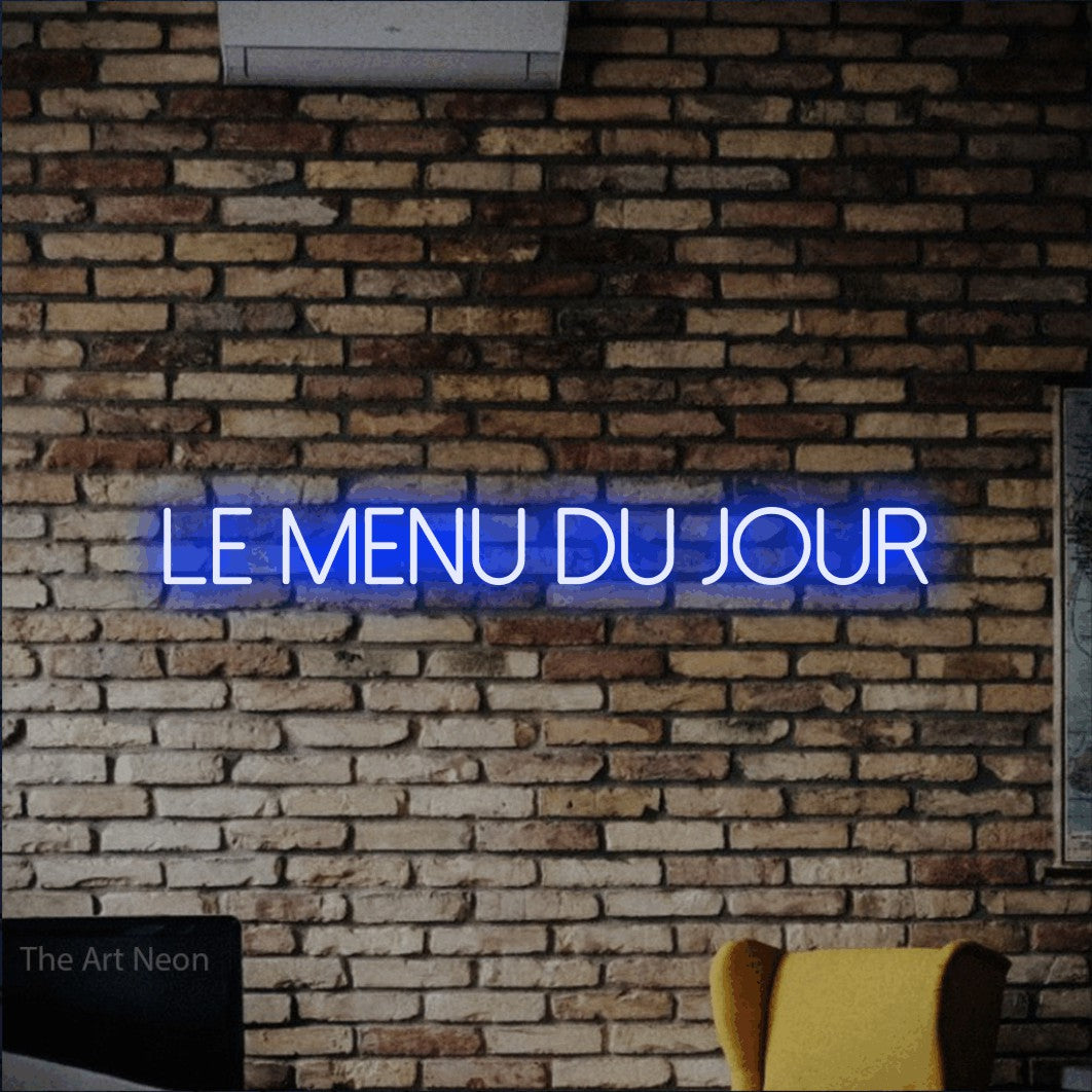 LED neon sign reading “le menu du jour”, arranged in a single line.