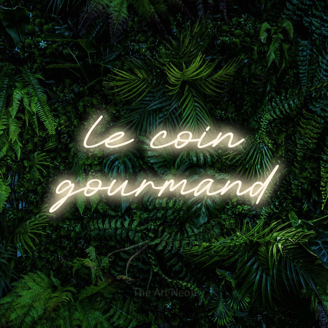 LED neon sign reading “le coin gourmand”, arranged in 2 lines.