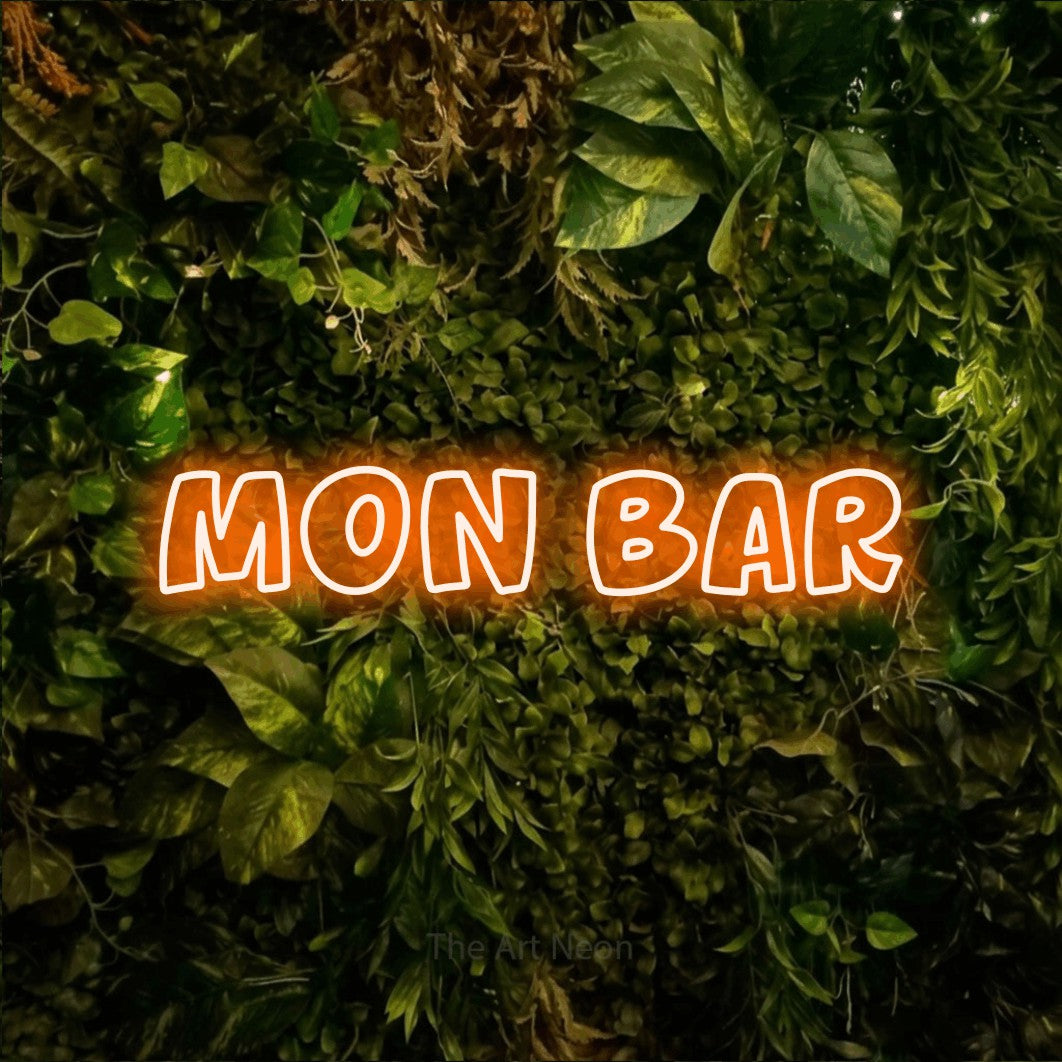 LED neon sign reading “Mon Bar”, arranged in a single line.