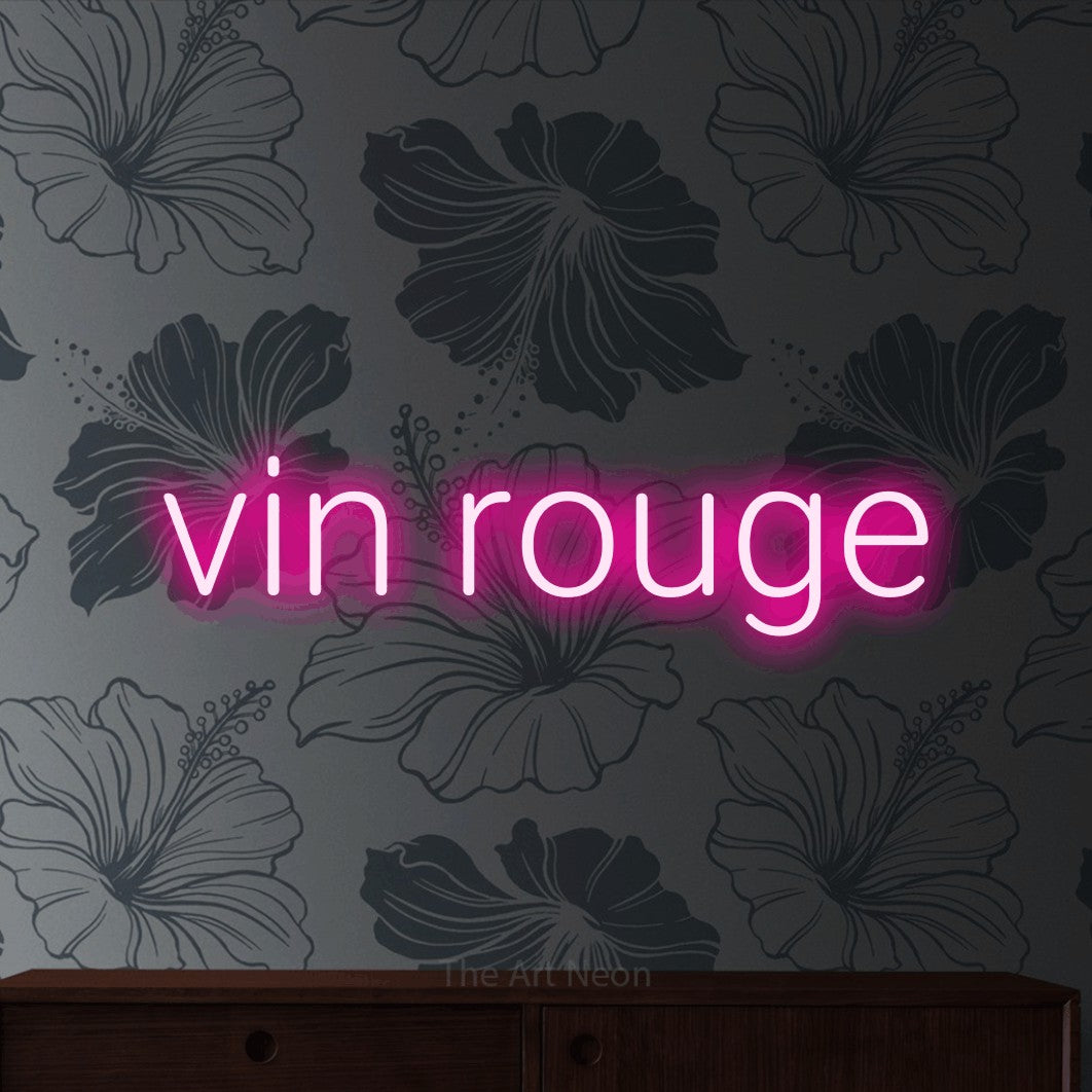 LED neon sign reading “vin rouge”, arranged in a single line.