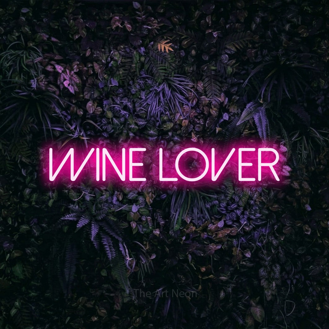 LED neon sign reading “WINE LOVER”, arranged in a single line.