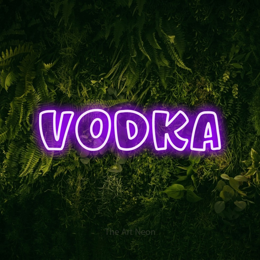 LED neon sign reading “Vodka”, arranged in a single line.