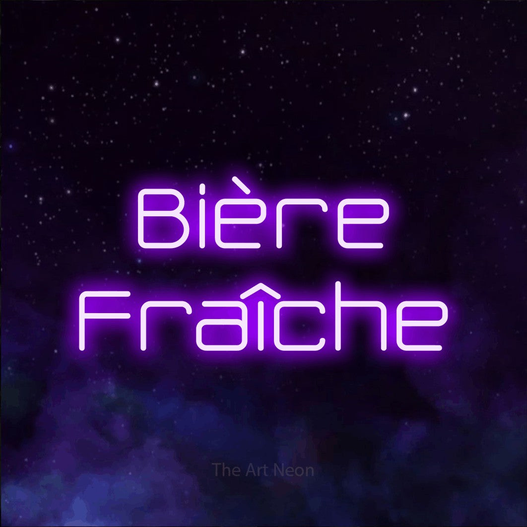 LED neon sign reading “Bière Fraîche”, arranged in 2 lines.