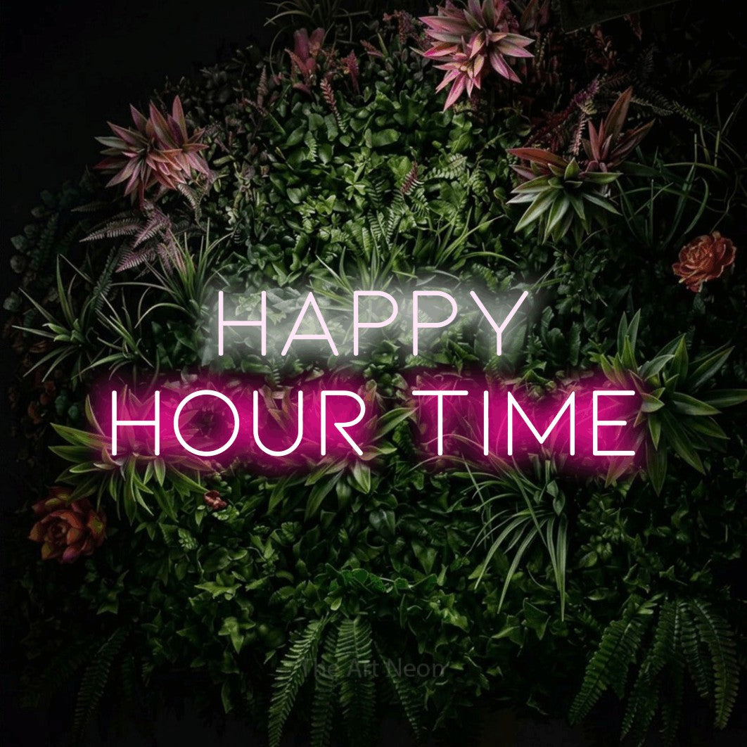 LED neon sign reading “HAPPY HOUR TIME”, arranged in 2 lines.