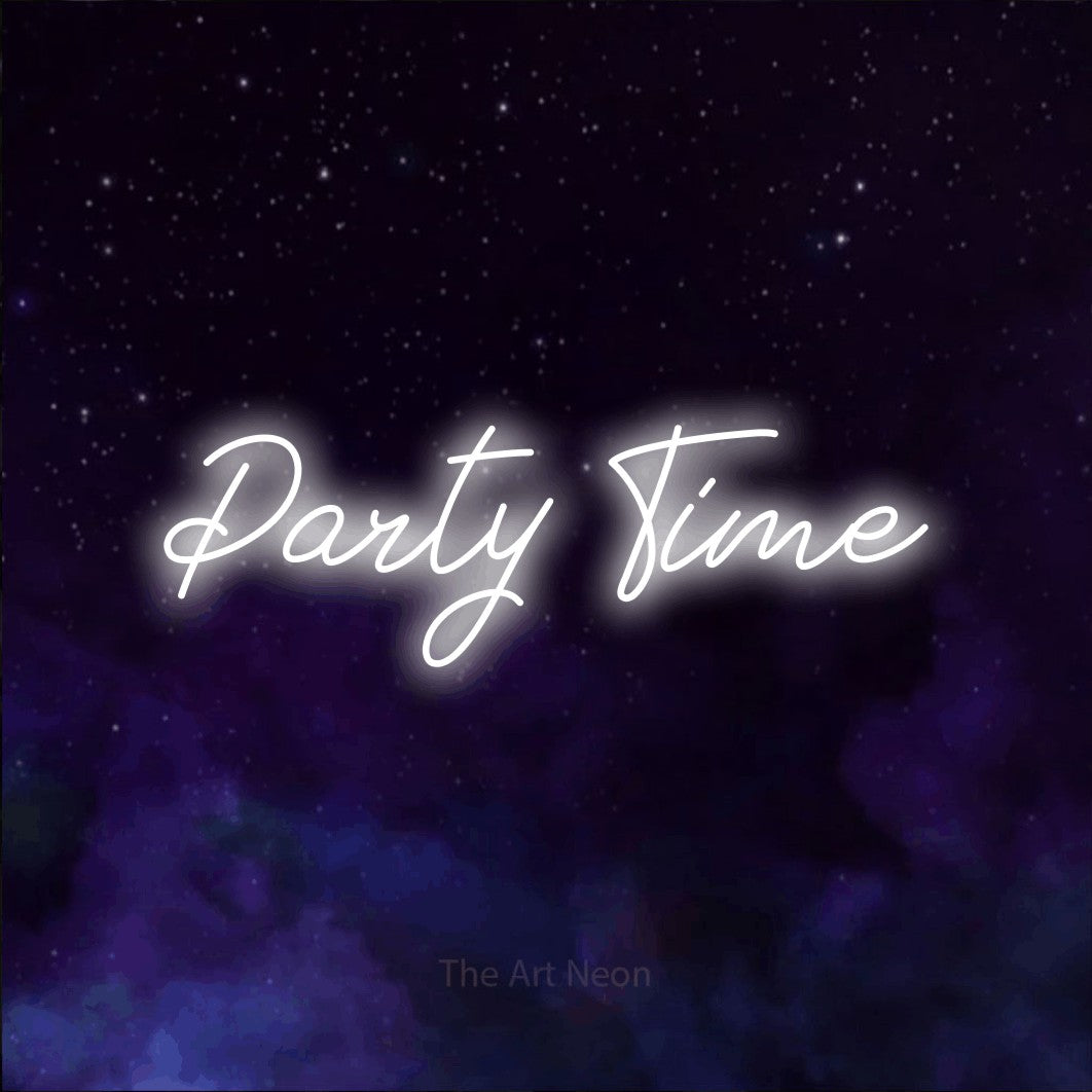 LED neon sign reading “Party Time”, arranged in a single line.