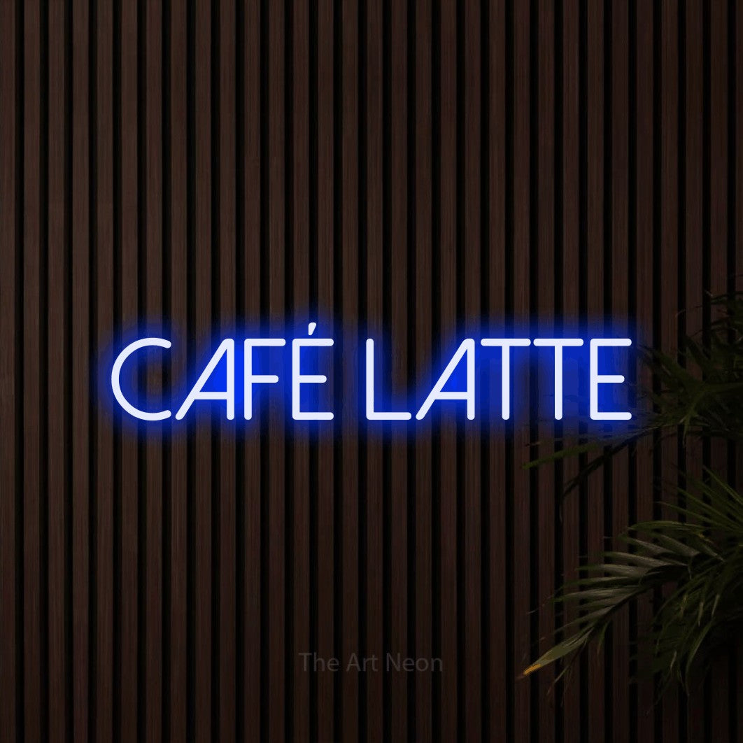 LED neon sign reading “café latte”, arranged in a single line.