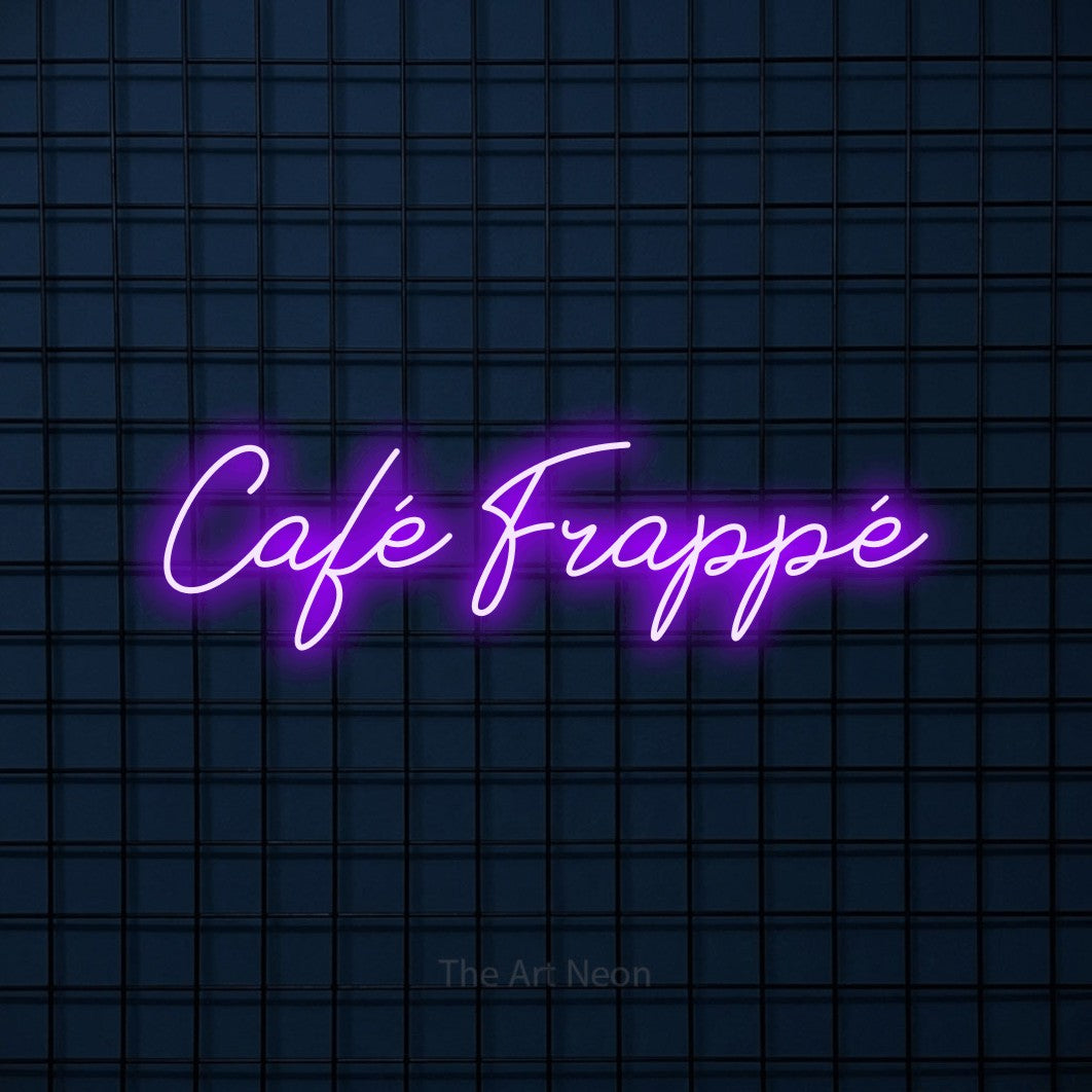 LED neon sign reading “Café Frappé”, arranged in a single line.