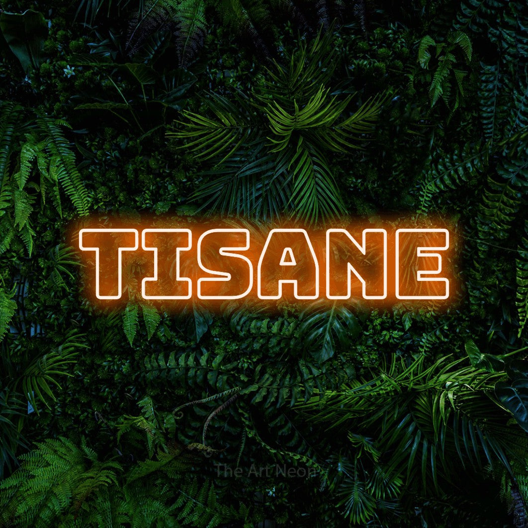 LED neon sign reading “Tisane”, arranged in a single line.