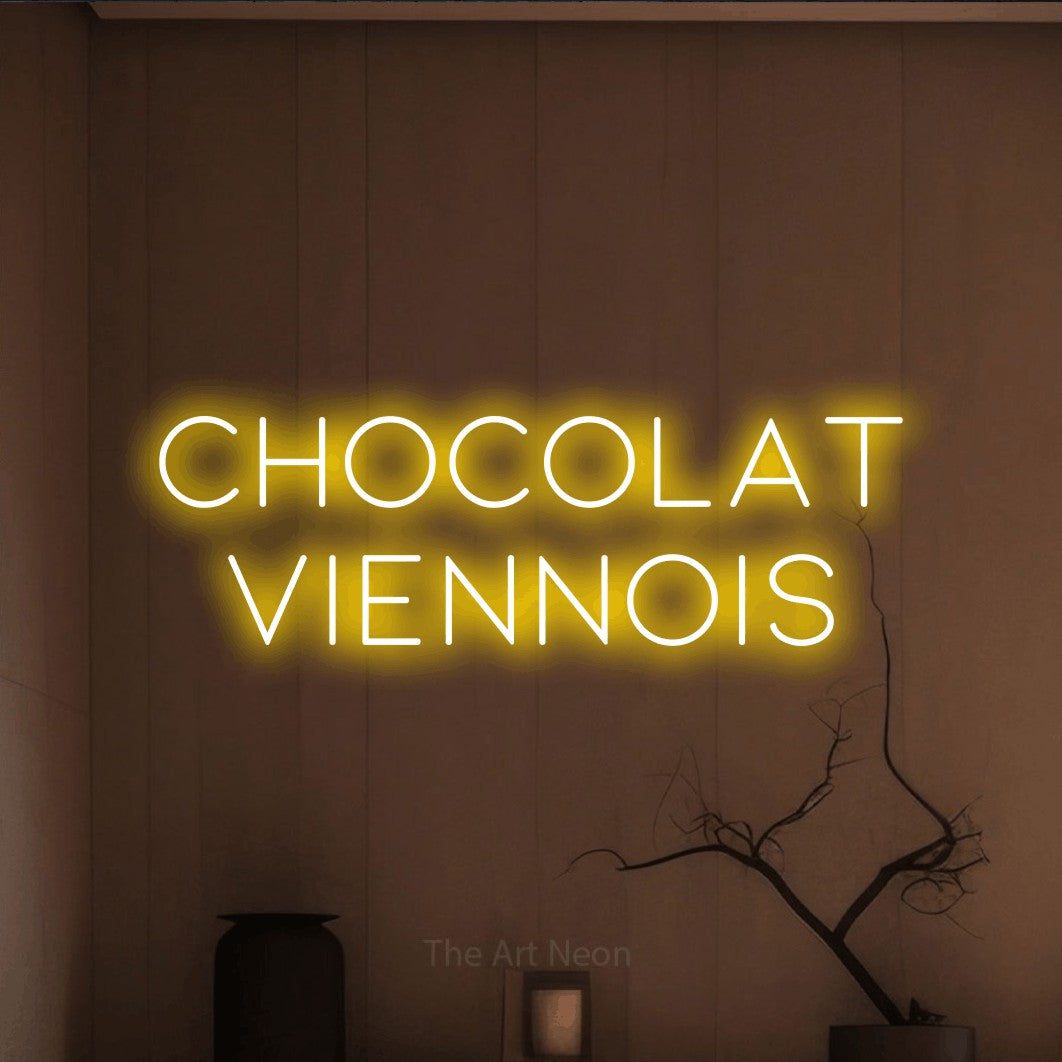 LED neon sign reading “Chocolat Viennois”, arranged in 2 lines.