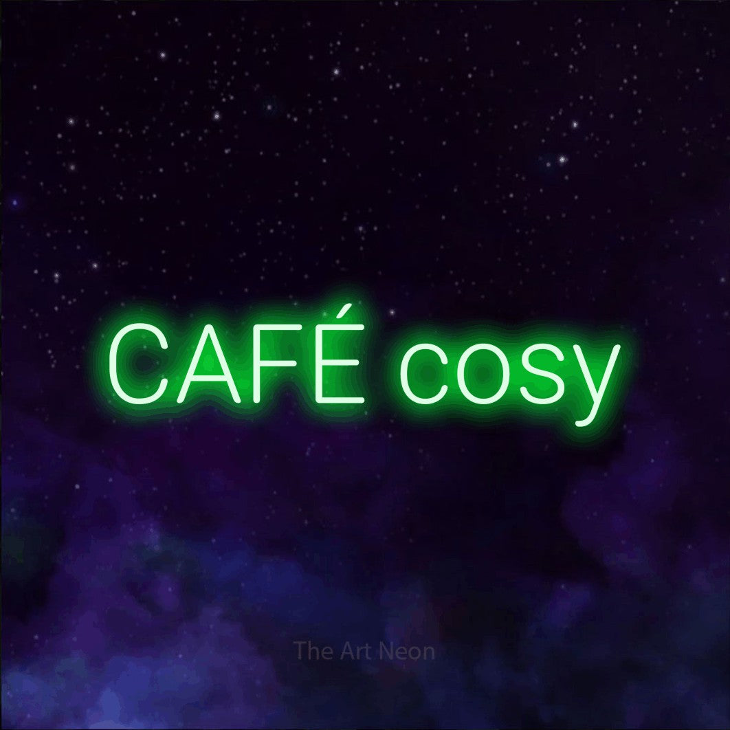 LED neon sign reading “CAFÉ cosy”, arranged in a single line.