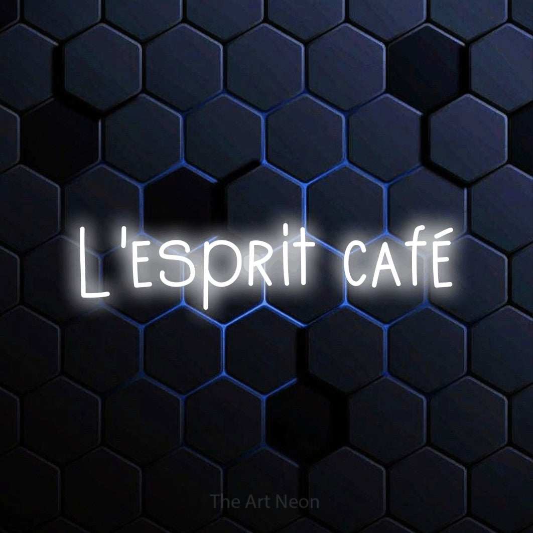 LED neon sign reading “l'esprit café”, arranged in a single line.