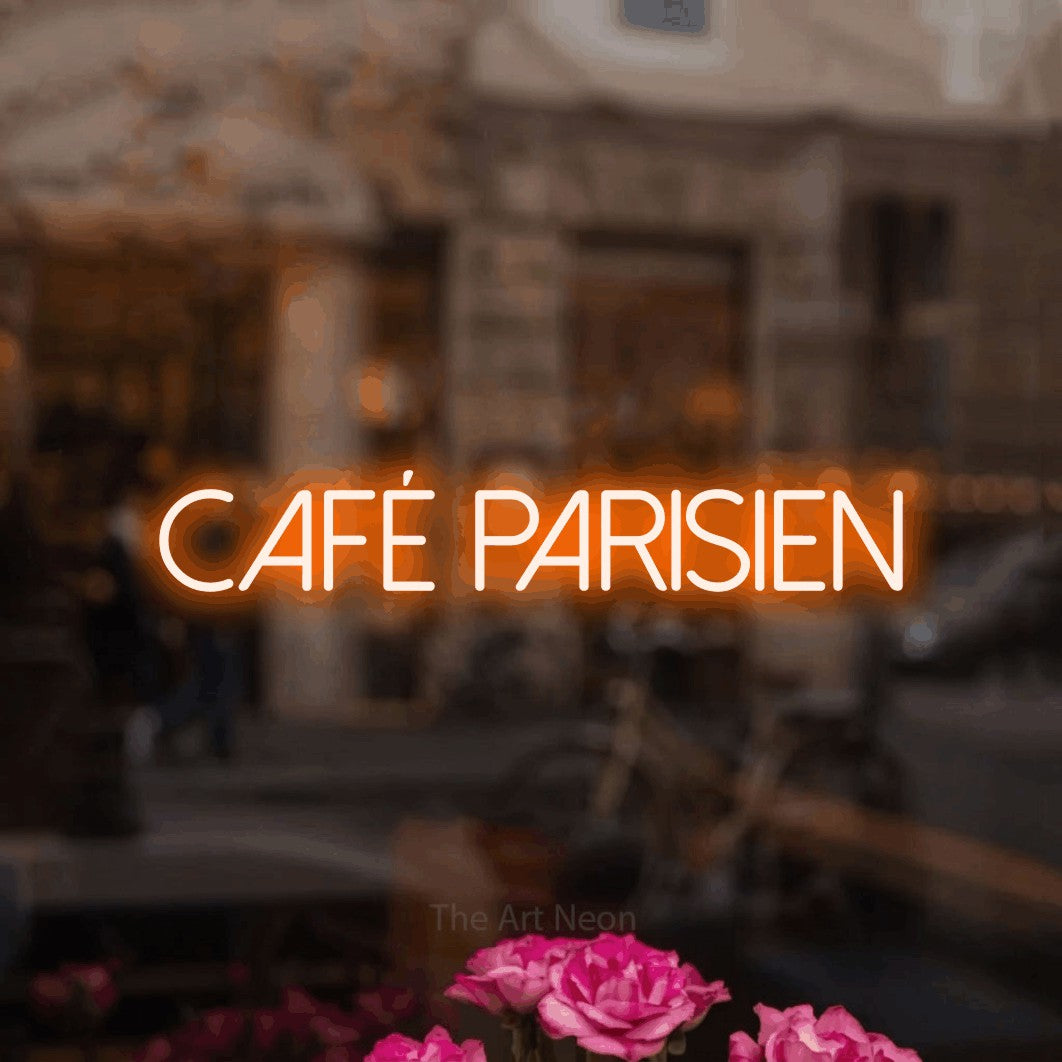 LED neon sign reading “café parisien”, arranged in a single line.