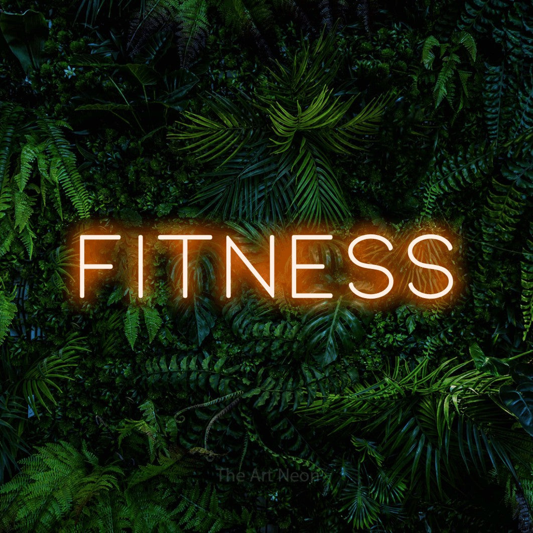 LED neon sign reading “fitness”, arranged in a single line.