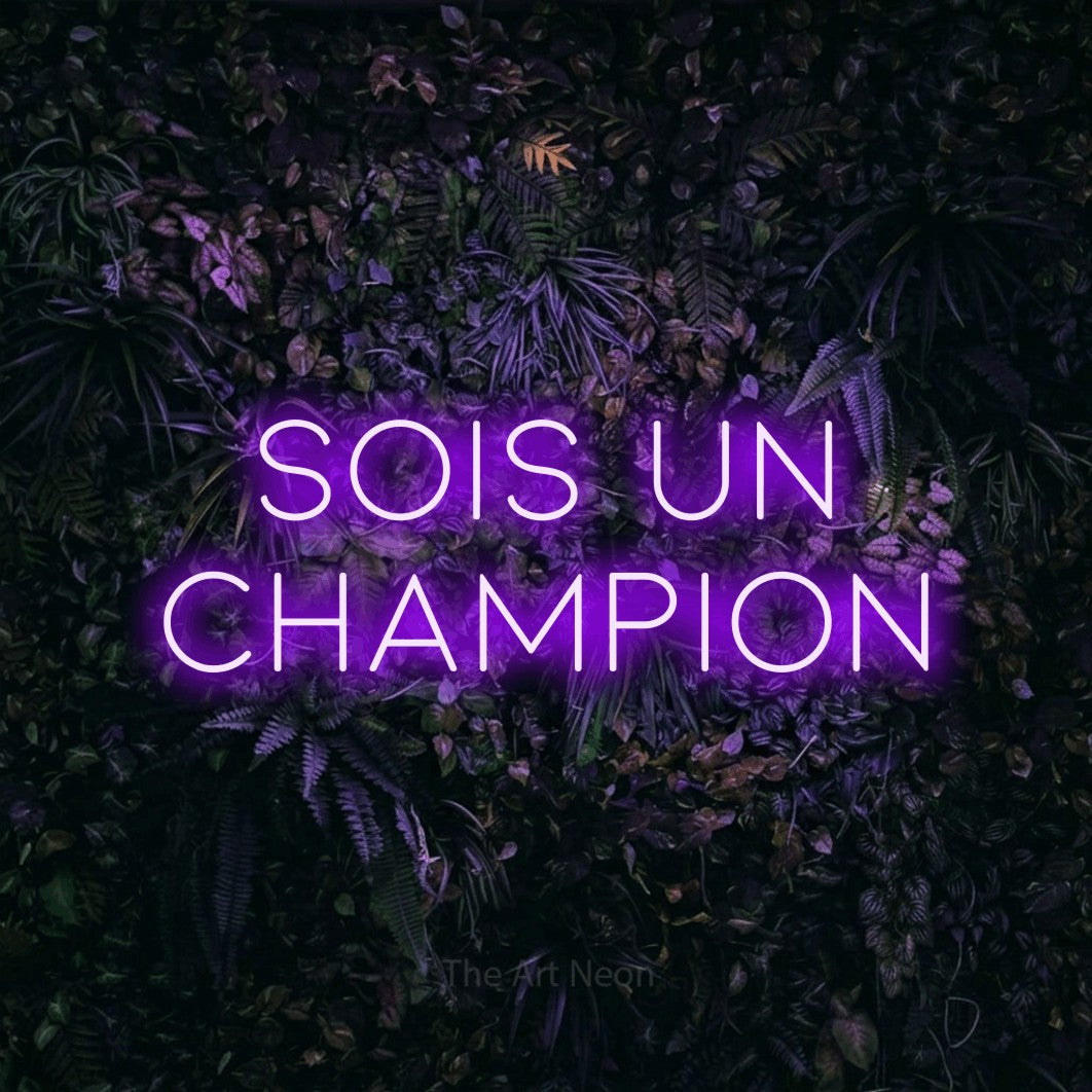 LED neon sign reading “sois un champion”, arranged in 2 lines.