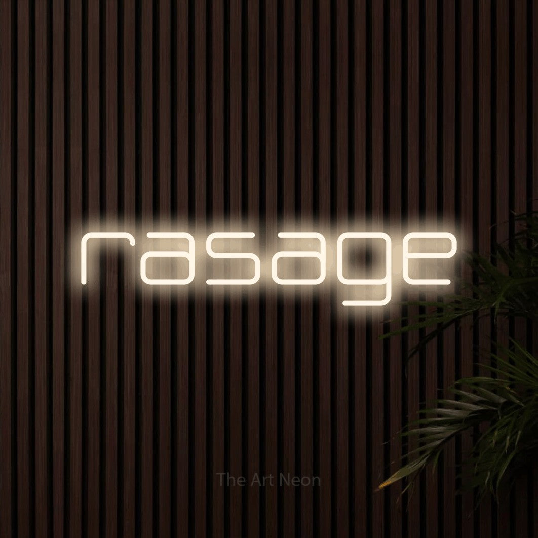 LED neon sign reading “rasage”, arranged in a single line.
