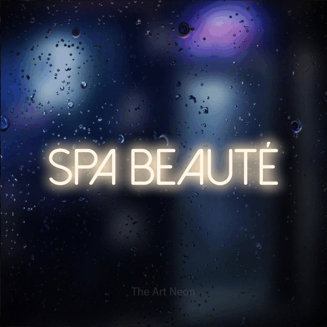 LED neon sign reading “SPA BEAUTÉ”, arranged in a single line.