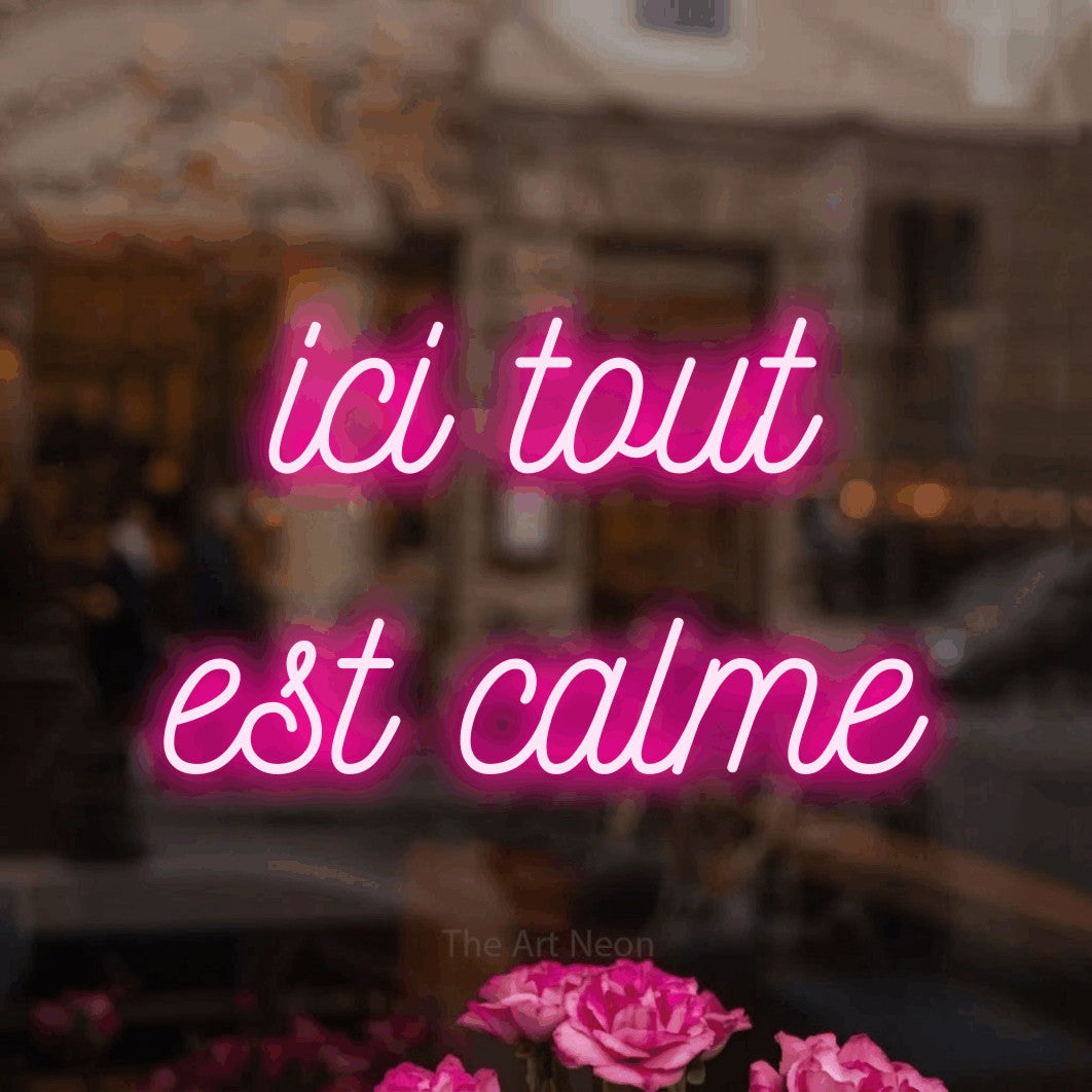 LED neon sign reading “ici tout est calme”, arranged in 2 lines.