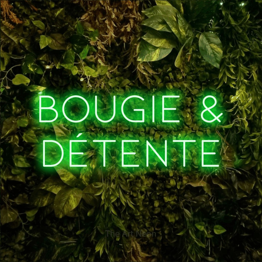 LED neon sign reading “Bougie & Détente”, arranged in 2 lines.