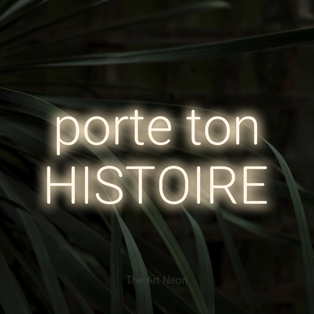 LED neon sign reading “porte ton HISTOIRE”, arranged in 2 lines.