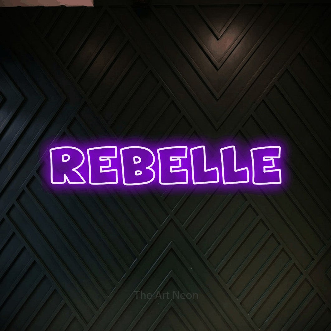 LED neon sign reading “REBELLE”, arranged in a single line.
