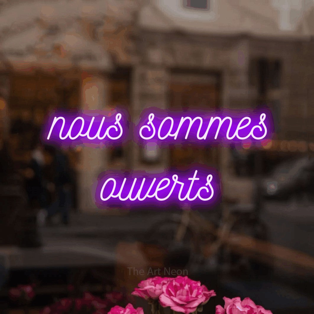 LED neon sign reading “nous sommes ouverts”, arranged in 2 lines.