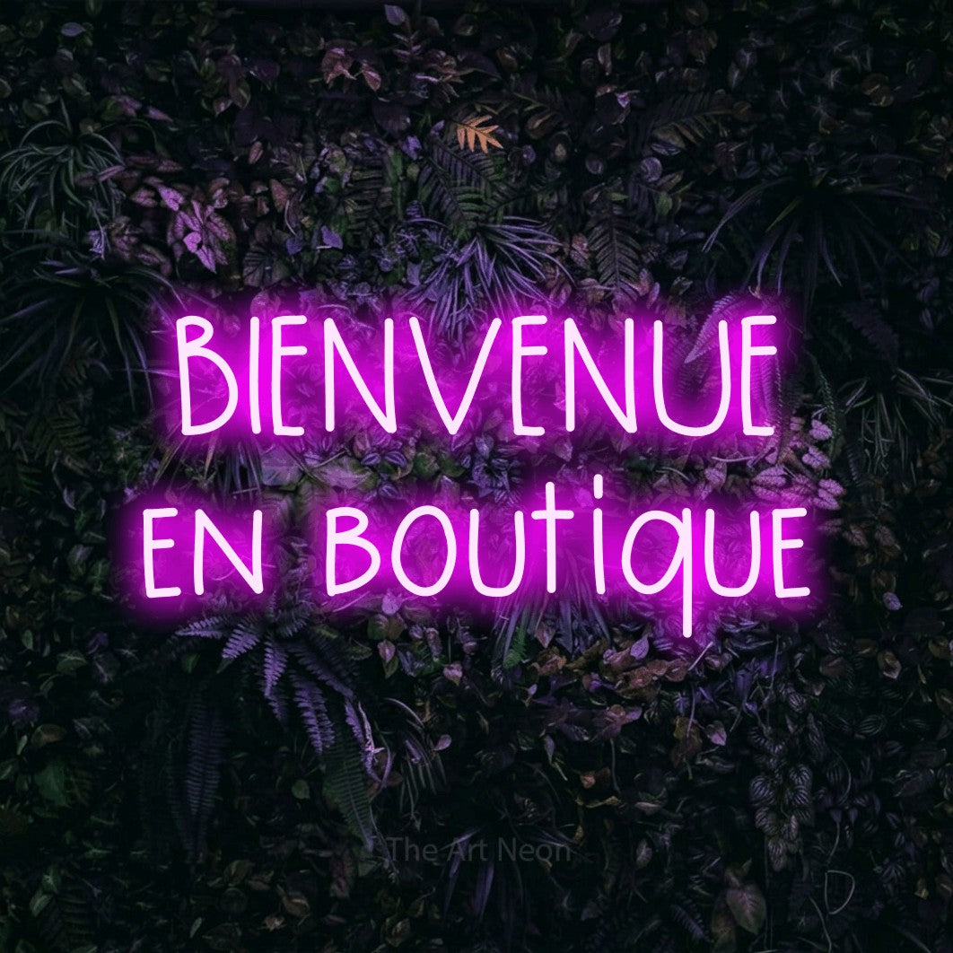 LED neon sign reading “BIENVENUE en boutique”, arranged in 2 lines.