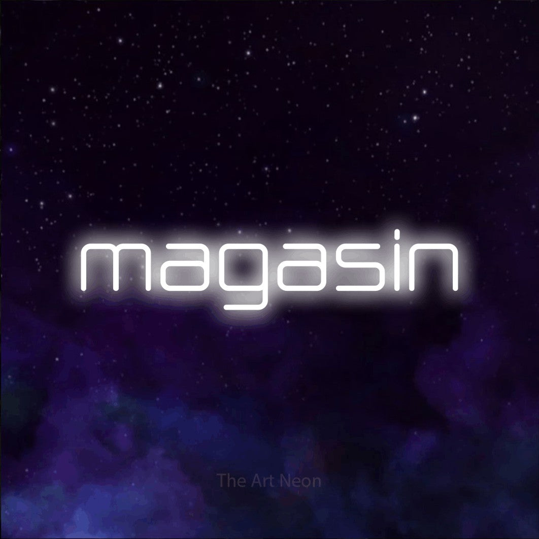 LED neon sign reading “magasin”, arranged in a single line.