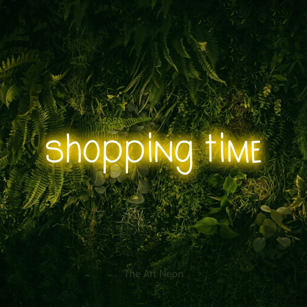 LED neon sign reading “shopping time”, arranged in a single line.