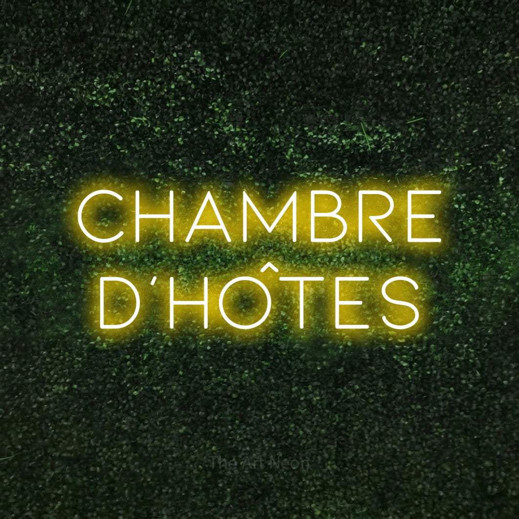 LED neon sign reading “chambre d'hôtes”, arranged in 2 lines.