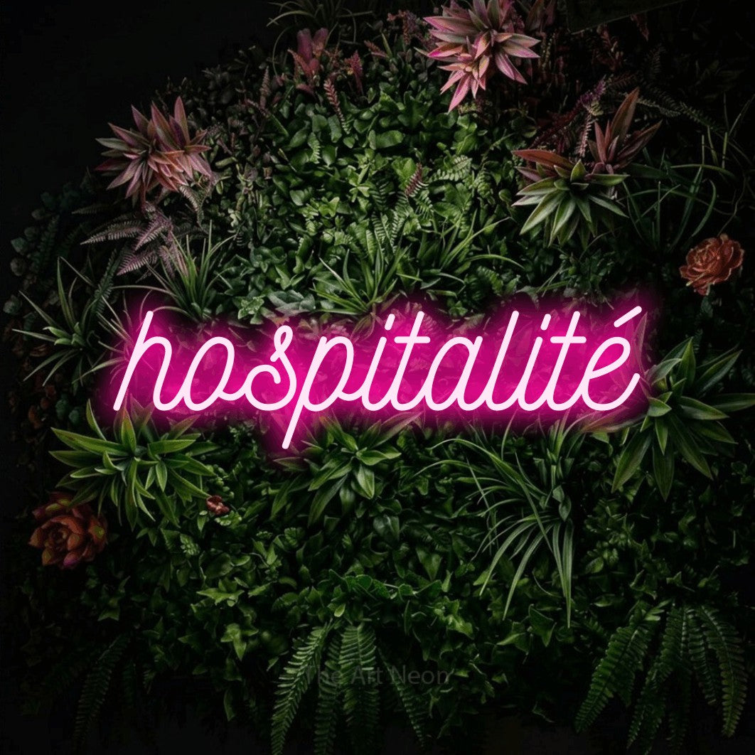 LED neon sign reading “hospitalité”, arranged in a single line.