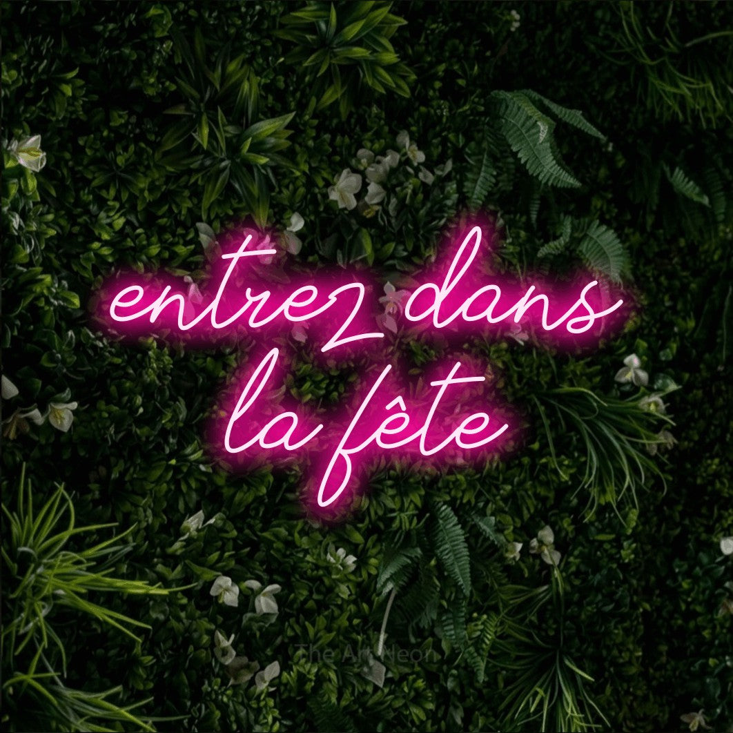 LED neon sign reading “entrez dans la fête”, arranged in 2 lines.