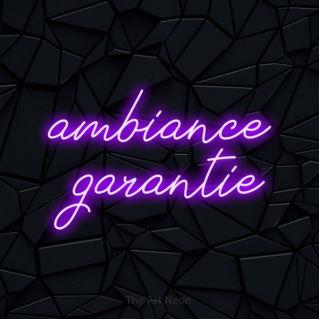 LED neon sign reading “ambiance garantie”, arranged in 2 lines.