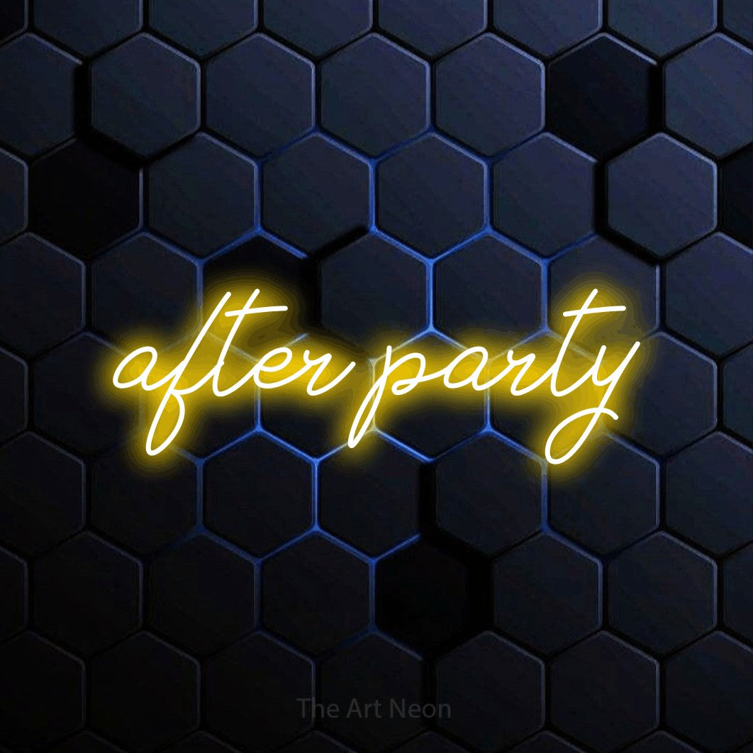 LED neon sign reading “after party”, arranged in a single line.