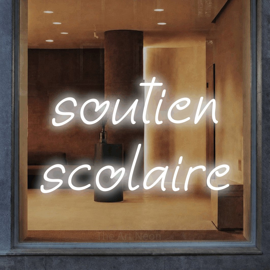 LED neon sign reading “soutien scolaire”, arranged in 2 lines.