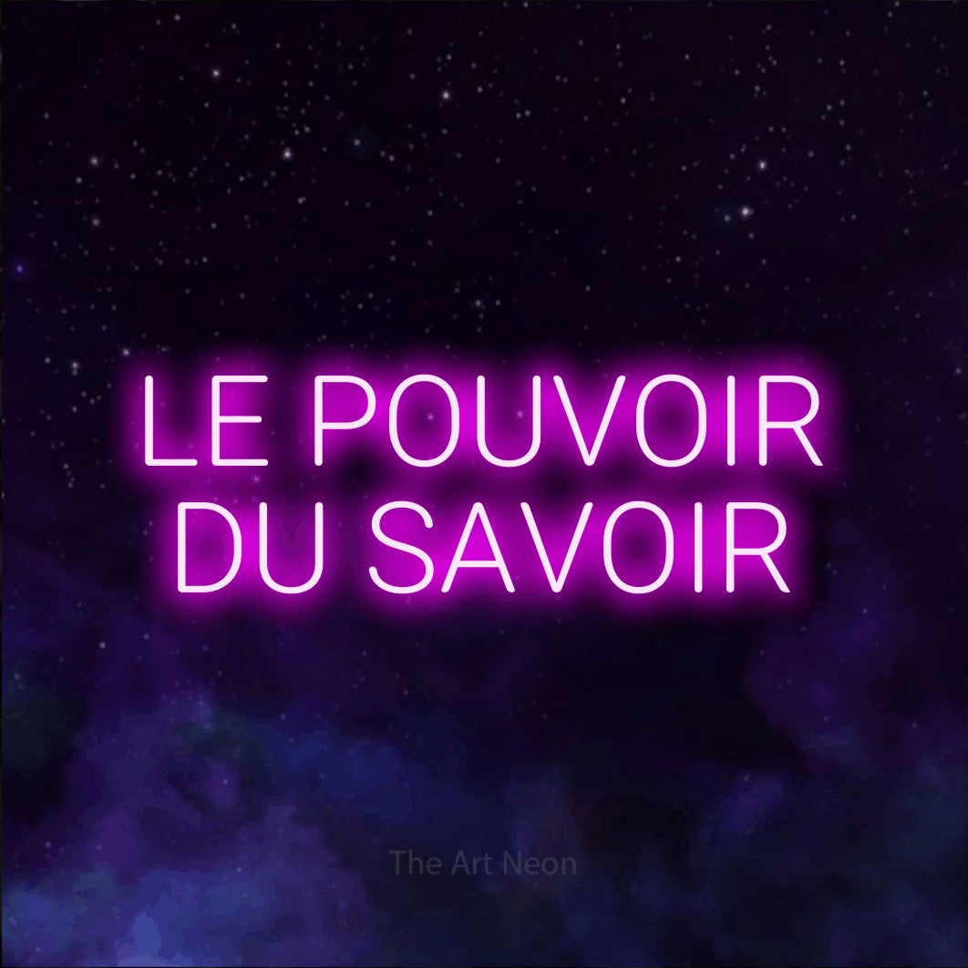 LED neon sign reading “LE POUVOIR DU SAVOIR”, arranged in 2 lines.