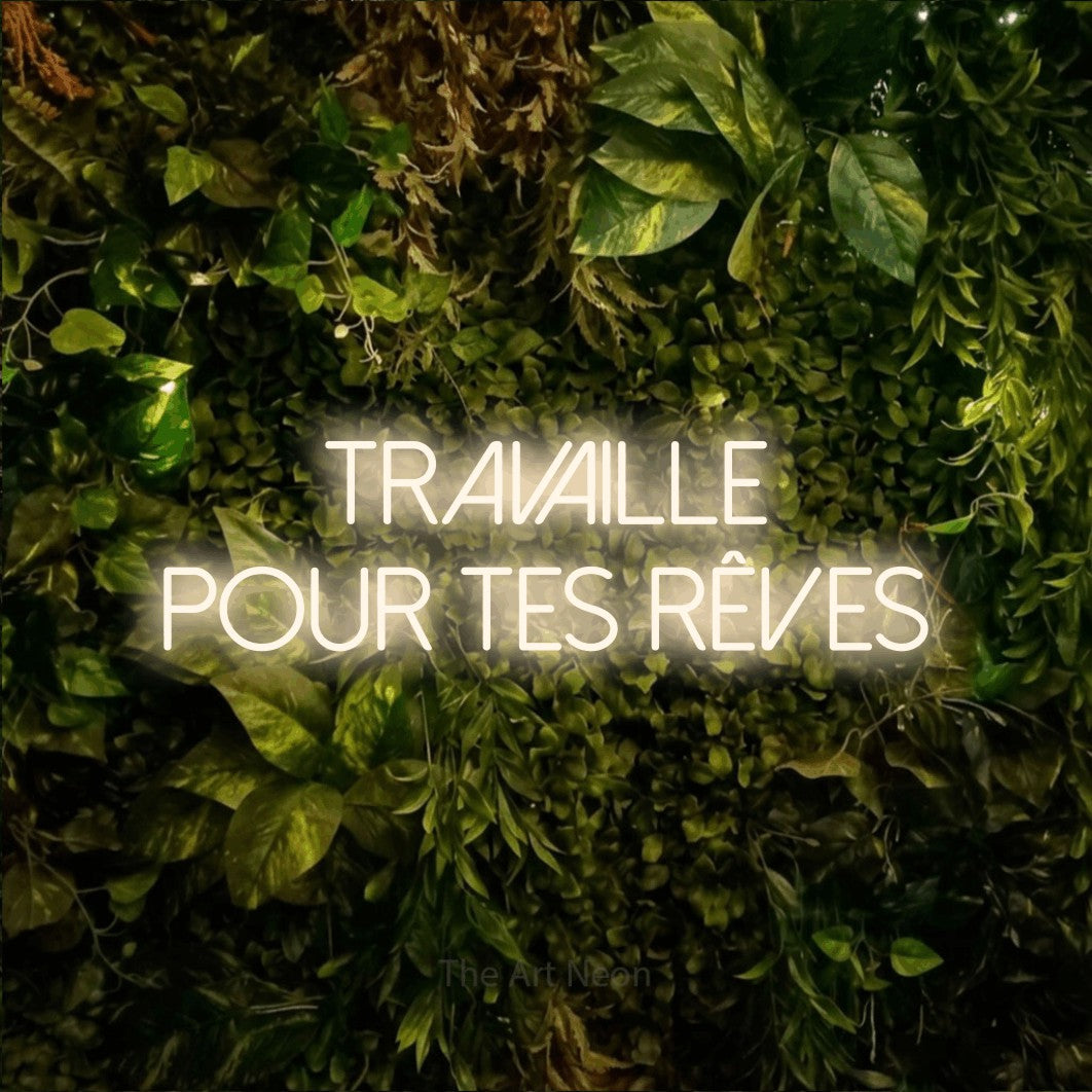 LED neon sign reading “Travaille Pour Tes Rêves”, arranged in 2 lines.