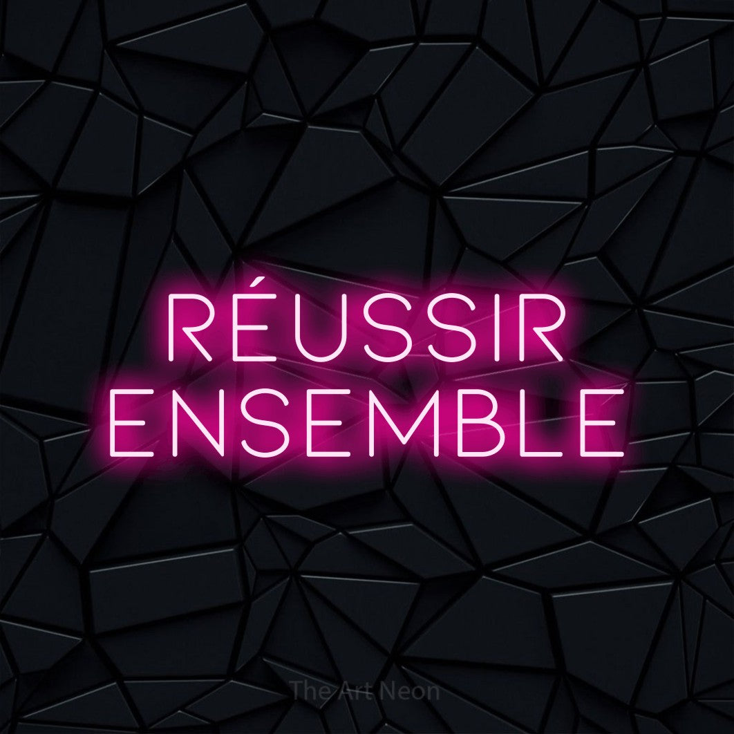LED neon sign reading “RÉUSSIR ENSEMBLE”, arranged in 2 lines.