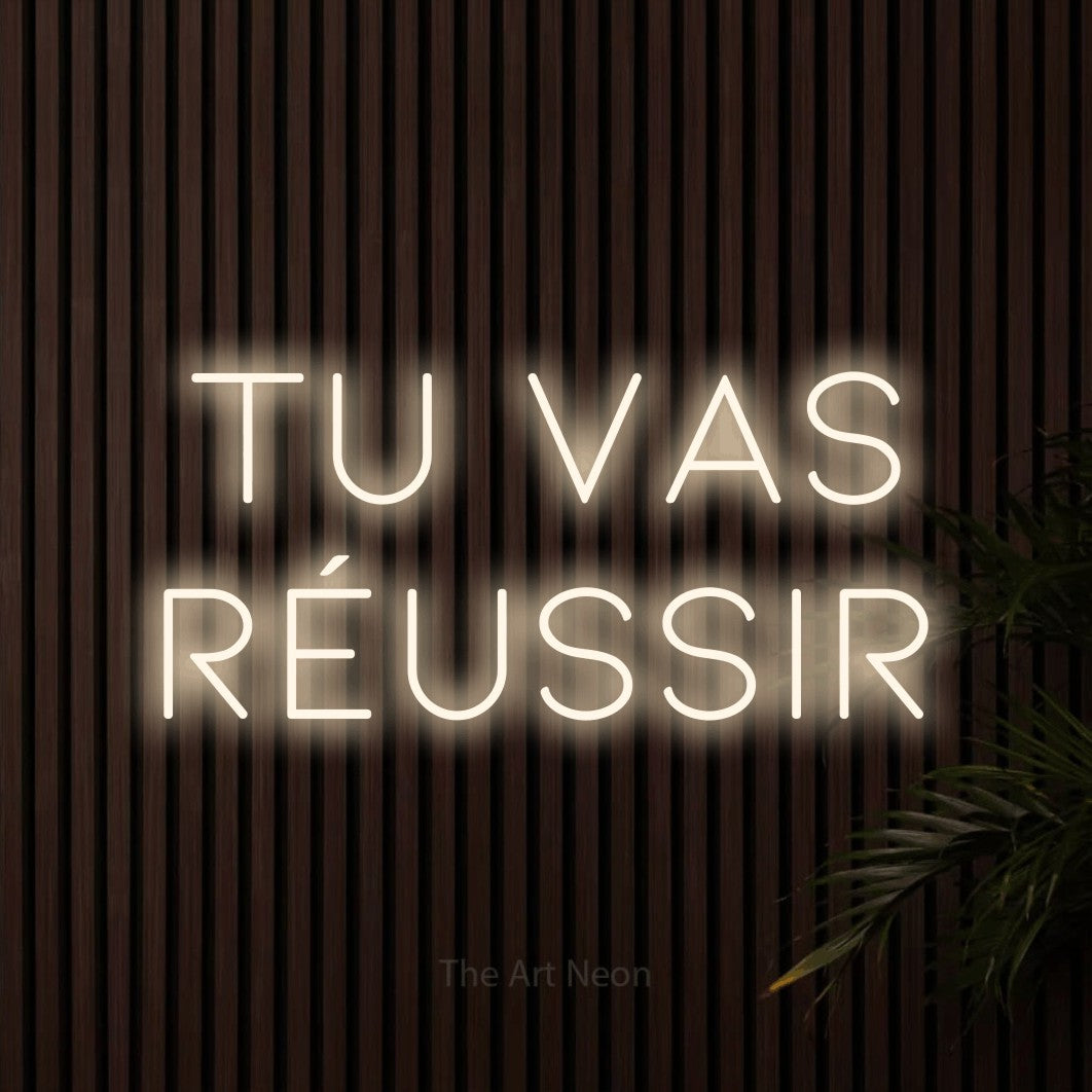 LED neon sign reading “Tu Vas Réussir”, arranged in 2 lines.